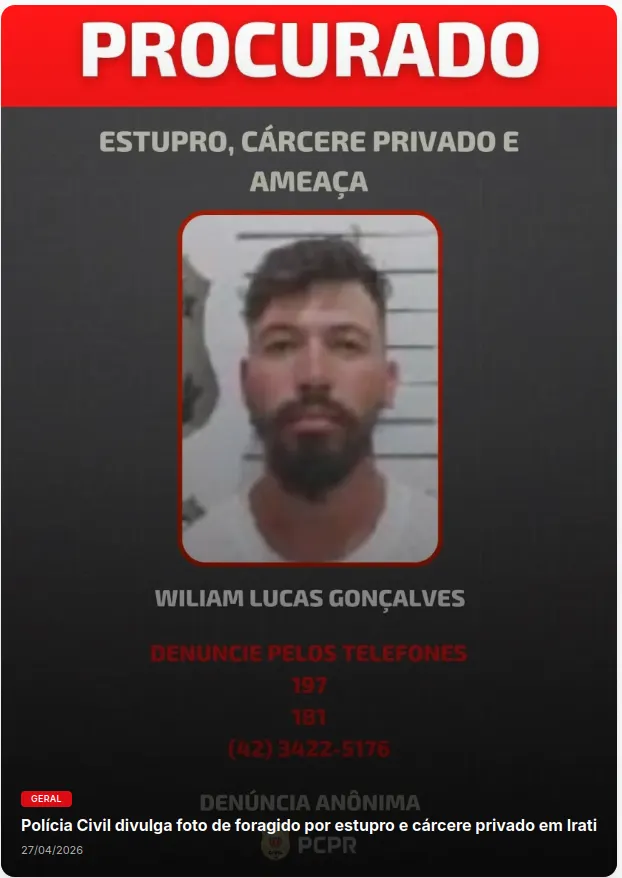 Polícia Civil divulga foto de foragido por estupro e cárcere privado em Irati
